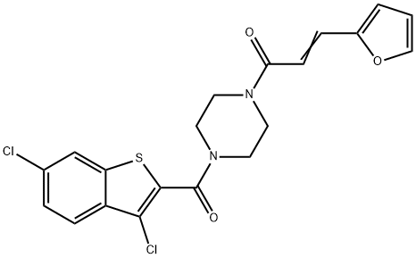 (E)-1-[4-(3,6-dichloro-1-benzothiophene-2-carbonyl)piperazin-1-yl]-3-(furan-2-yl)prop-2-en-1-one Struktur