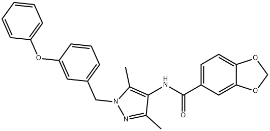 N-[3,5-dimethyl-1-[(3-phenoxyphenyl)methyl]pyrazol-4-yl]-1,3-benzodioxole-5-carboxamide Struktur