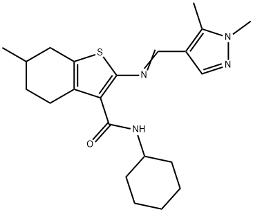 N-cyclohexyl-2-[(E)-(1,5-dimethylpyrazol-4-yl)methylideneamino]-6-methyl-4,5,6,7-tetrahydro-1-benzothiophene-3-carboxamide Struktur