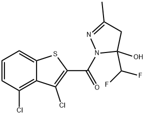 (3,4-dichloro-1-benzothiophen-2-yl)-[5-(difluoromethyl)-5-hydroxy-3-methyl-4H-pyrazol-1-yl]methanone Struktur