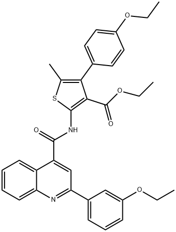 ethyl 4-(4-ethoxyphenyl)-2-[[2-(3-ethoxyphenyl)quinoline-4-carbonyl]amino]-5-methylthiophene-3-carboxylate Struktur