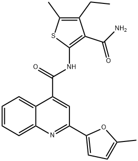 N-(3-carbamoyl-4-ethyl-5-methylthiophen-2-yl)-2-(5-methylfuran-2-yl)quinoline-4-carboxamide Struktur