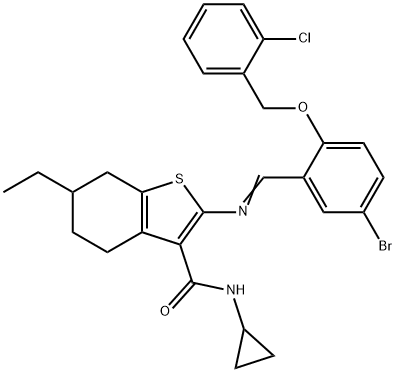 2-[(E)-[5-bromo-2-[(2-chlorophenyl)methoxy]phenyl]methylideneamino]-N-cyclopropyl-6-ethyl-4,5,6,7-tetrahydro-1-benzothiophene-3-carboxamide Struktur