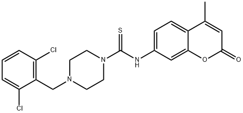 4-[(2,6-dichlorophenyl)methyl]-N-(4-methyl-2-oxochromen-7-yl)piperazine-1-carbothioamide Struktur