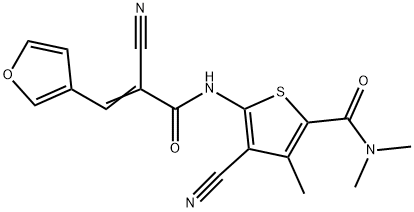 4-cyano-5-[[(E)-2-cyano-3-(furan-3-yl)prop-2-enoyl]amino]-N,N,3-trimethylthiophene-2-carboxamide Struktur