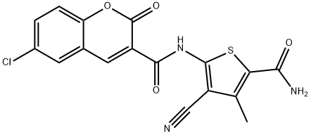 N-(5-carbamoyl-3-cyano-4-methylthiophen-2-yl)-6-chloro-2-oxochromene-3-carboxamide Struktur