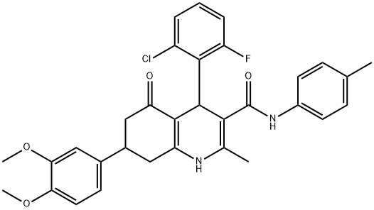 4-(2-chloro-6-fluorophenyl)-7-(3,4-dimethoxyphenyl)-2-methyl-N-(4-methylphenyl)-5-oxo-4,6,7,8-tetrahydro-1H-quinoline-3-carboxamide Struktur