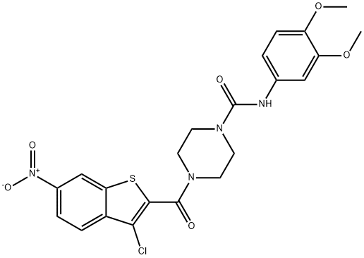 4-(3-chloro-6-nitro-1-benzothiophene-2-carbonyl)-N-(3,4-dimethoxyphenyl)piperazine-1-carboxamide Struktur