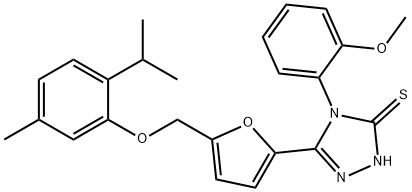 4-(2-methoxyphenyl)-3-[5-[(5-methyl-2-propan-2-ylphenoxy)methyl]furan-2-yl]-1H-1,2,4-triazole-5-thione Struktur