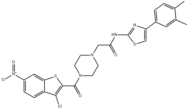 2-[4-(3-chloro-6-nitro-1-benzothiophene-2-carbonyl)piperazin-1-yl]-N-[4-(3,4-dimethylphenyl)-1,3-thiazol-2-yl]acetamide Struktur