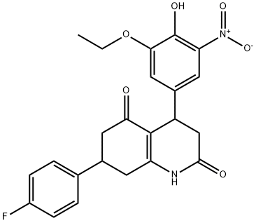 4-(3-ethoxy-4-hydroxy-5-nitrophenyl)-7-(4-fluorophenyl)-1,3,4,6,7,8-hexahydroquinoline-2,5-dione Struktur