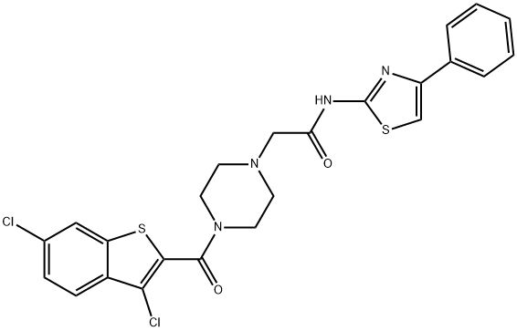 2-[4-(3,6-dichloro-1-benzothiophene-2-carbonyl)piperazin-1-yl]-N-(4-phenyl-1,3-thiazol-2-yl)acetamide Struktur