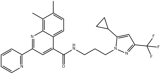 N-[3-[5-cyclopropyl-3-(trifluoromethyl)pyrazol-1-yl]propyl]-7,8-dimethyl-2-pyridin-2-ylquinoline-4-carboxamide Struktur