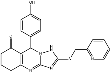 9-(4-hydroxyphenyl)-2-(pyridin-2-ylmethylsulfanyl)-5,6,7,9-tetrahydro-1H-[1,2,4]triazolo[5,1-b]quinazolin-8-one Struktur