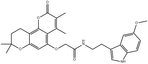 N-[2-(5-methoxy-1H-indol-3-yl)ethyl]-2-[(3,4,8,8-tetramethyl-2-oxo-9,10-dihydropyrano[2,3-h]chromen-5-yl)oxy]acetamide Struktur