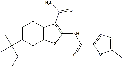 N-[3-carbamoyl-6-(2-methylbutan-2-yl)-4,5,6,7-tetrahydro-1-benzothiophen-2-yl]-5-methylfuran-2-carboxamide Struktur