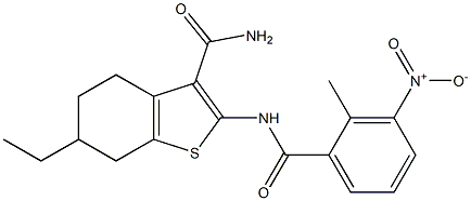 6-ethyl-2-[(2-methyl-3-nitrobenzoyl)amino]-4,5,6,7-tetrahydro-1-benzothiophene-3-carboxamide Struktur