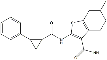 6-methyl-2-[(2-phenylcyclopropanecarbonyl)amino]-4,5,6,7-tetrahydro-1-benzothiophene-3-carboxamide Struktur