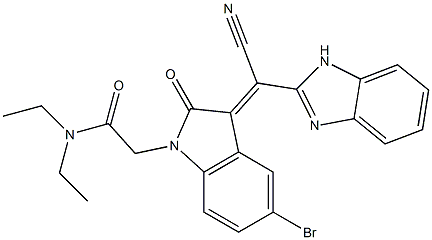 2-[(3Z)-3-[1H-benzimidazol-2-yl(cyano)methylidene]-5-bromo-2-oxoindol-1-yl]-N,N-diethylacetamide Struktur