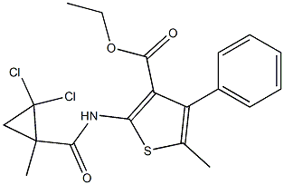 ethyl 2-[(2,2-dichloro-1-methylcyclopropanecarbonyl)amino]-5-methyl-4-phenylthiophene-3-carboxylate Struktur