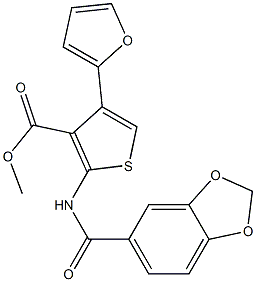 methyl 2-(1,3-benzodioxole-5-carbonylamino)-4-(furan-2-yl)thiophene-3-carboxylate Struktur