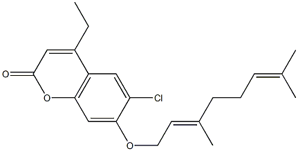 6-chloro-7-[(2E)-3,7-dimethylocta-2,6-dienoxy]-4-ethylchromen-2-one Struktur