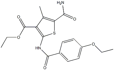 ethyl 5-carbamoyl-2-[(4-ethoxybenzoyl)amino]-4-methylthiophene-3-carboxylate Struktur