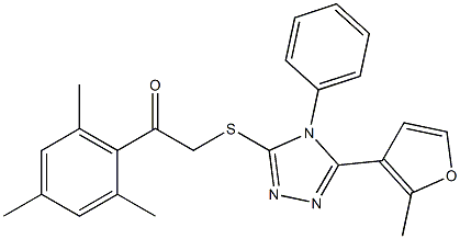 2-[[5-(2-methylfuran-3-yl)-4-phenyl-1,2,4-triazol-3-yl]sulfanyl]-1-(2,4,6-trimethylphenyl)ethanone Struktur