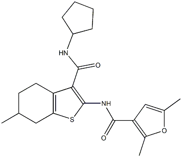 N-[3-(cyclopentylcarbamoyl)-6-methyl-4,5,6,7-tetrahydro-1-benzothiophen-2-yl]-2,5-dimethylfuran-3-carboxamide Struktur