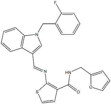 2-[(E)-[1-[(2-fluorophenyl)methyl]indol-3-yl]methylideneamino]-N-(furan-2-ylmethyl)thiophene-3-carboxamide Struktur