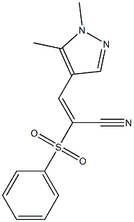 (E)-2-(benzenesulfonyl)-3-(1,5-dimethylpyrazol-4-yl)prop-2-enenitrile Struktur