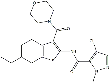 4-chloro-N-[6-ethyl-3-(morpholine-4-carbonyl)-4,5,6,7-tetrahydro-1-benzothiophen-2-yl]-2-methylpyrazole-3-carboxamide Struktur