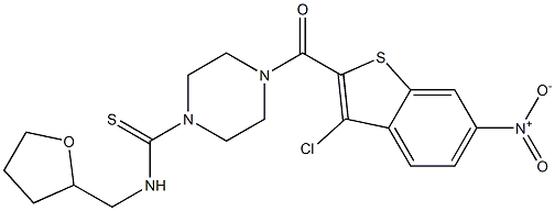 4-(3-chloro-6-nitro-1-benzothiophene-2-carbonyl)-N-(oxolan-2-ylmethyl)piperazine-1-carbothioamide Struktur