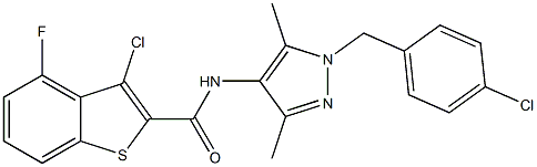 3-chloro-N-[1-[(4-chlorophenyl)methyl]-3,5-dimethylpyrazol-4-yl]-4-fluoro-1-benzothiophene-2-carboxamide Struktur