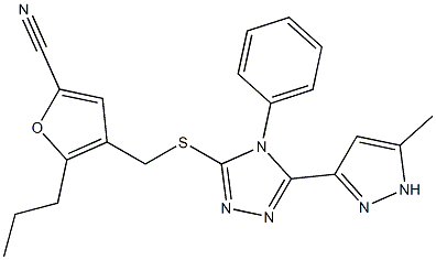 4-[[5-(5-methyl-1H-pyrazol-3-yl)-4-phenyl-1,2,4-triazol-3-yl]sulfanylmethyl]-5-propylfuran-2-carbonitrile Struktur