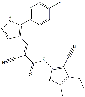 (E)-2-cyano-N-(3-cyano-4-ethyl-5-methylthiophen-2-yl)-3-[5-(4-fluorophenyl)-1H-pyrazol-4-yl]prop-2-enamide Struktur