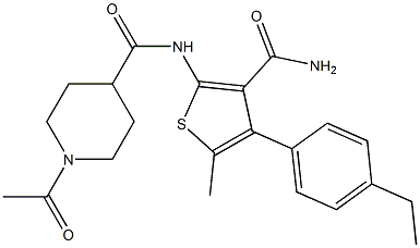 1-acetyl-N-[3-carbamoyl-4-(4-ethylphenyl)-5-methylthiophen-2-yl]piperidine-4-carboxamide Struktur