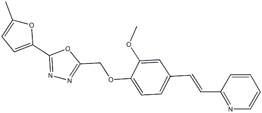 2-[[2-methoxy-4-[(E)-2-pyridin-2-ylethenyl]phenoxy]methyl]-5-(5-methylfuran-2-yl)-1,3,4-oxadiazole Struktur