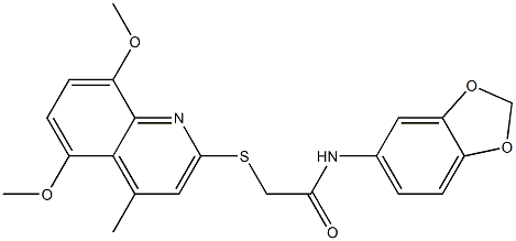 N-(1,3-benzodioxol-5-yl)-2-(5,8-dimethoxy-4-methylquinolin-2-yl)sulfanylacetamide Struktur