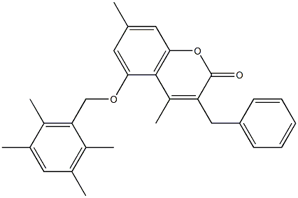 3-benzyl-4,7-dimethyl-5-[(2,3,5,6-tetramethylphenyl)methoxy]chromen-2-one Struktur