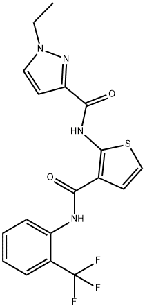 1-ethyl-N-[3-[[2-(trifluoromethyl)phenyl]carbamoyl]thiophen-2-yl]pyrazole-3-carboxamide Struktur