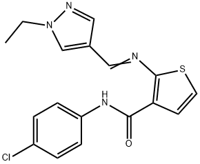 N-(4-chlorophenyl)-2-[(E)-(1-ethylpyrazol-4-yl)methylideneamino]thiophene-3-carboxamide Struktur