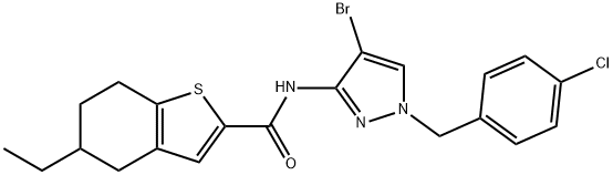 N-[4-bromo-1-[(4-chlorophenyl)methyl]pyrazol-3-yl]-5-ethyl-4,5,6,7-tetrahydro-1-benzothiophene-2-carboxamide Struktur