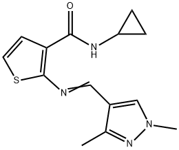 N-cyclopropyl-2-[(E)-(1,3-dimethylpyrazol-4-yl)methylideneamino]thiophene-3-carboxamide Struktur