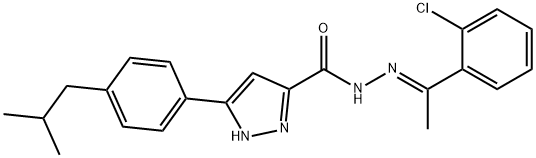 N-[(E)-1-(2-chlorophenyl)ethylideneamino]-3-[4-(2-methylpropyl)phenyl]-1H-pyrazole-5-carboxamide Struktur