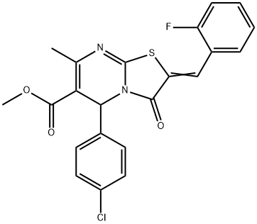 methyl (2E)-5-(4-chlorophenyl)-2-[(2-fluorophenyl)methylidene]-7-methyl-3-oxo-5H-[1,3]thiazolo[3,2-a]pyrimidine-6-carboxylate Struktur