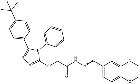 2-[[5-(4-tert-butylphenyl)-4-phenyl-1,2,4-triazol-3-yl]sulfanyl]-N-[(E)-(3,4-dimethoxyphenyl)methylideneamino]acetamide Struktur