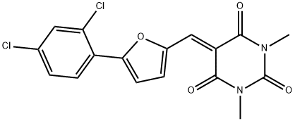 5-[[5-(2,4-dichlorophenyl)furan-2-yl]methylidene]-1,3-dimethyl-1,3-diazinane-2,4,6-trione Struktur