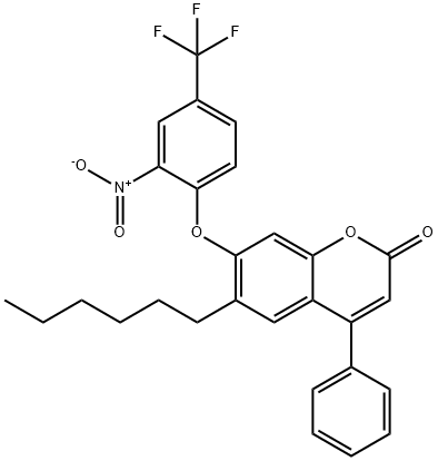 6-hexyl-7-[2-nitro-4-(trifluoromethyl)phenoxy]-4-phenylchromen-2-one Struktur