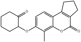 6-methyl-7-(2-oxocyclohexyl)oxy-2,3-dihydro-1H-cyclopenta[c]chromen-4-one Struktur